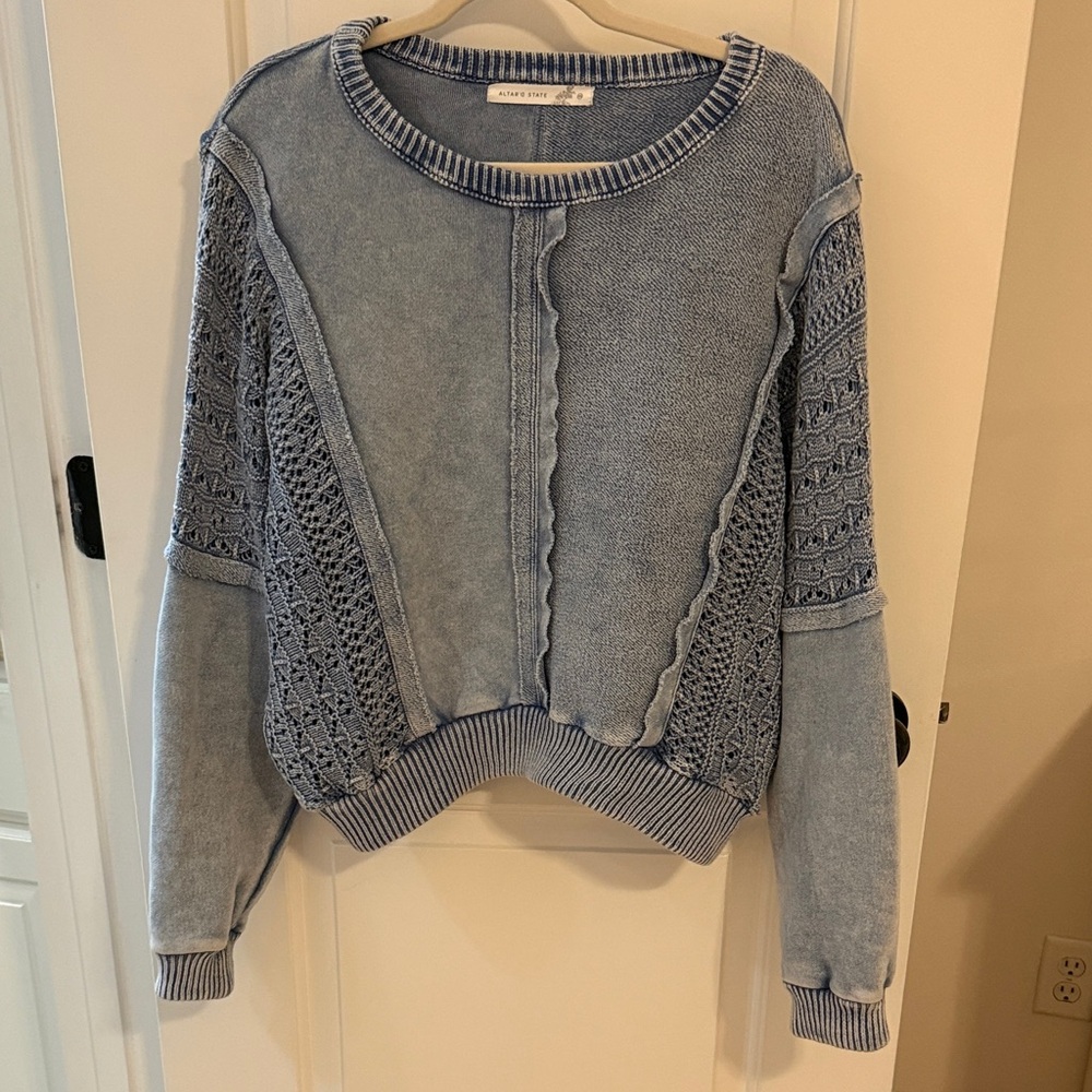 Altard State Distressed Blue Knit Pullover Sweatshirt